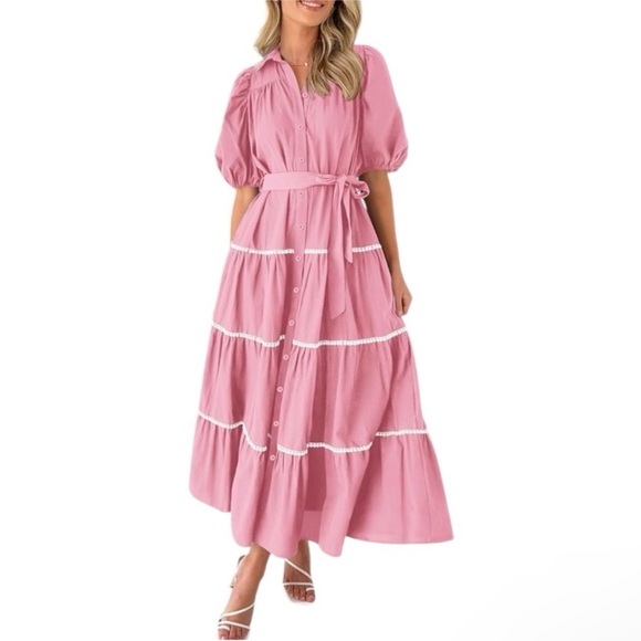 pretty garden Dresses & Skirts - Pretty Garden Viscose Blend Button Down Shirt Dress Puffy Sleeve Tiered